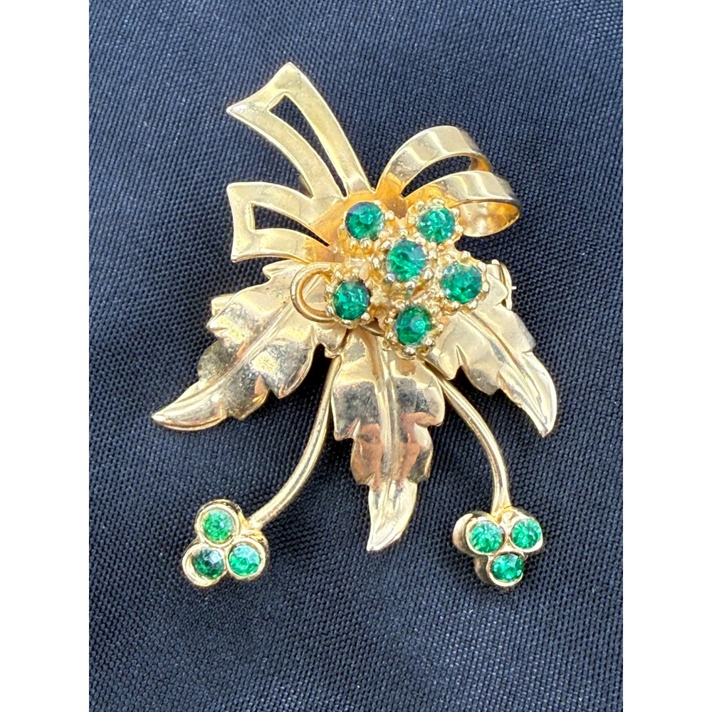 Vintage Feminine Green Rhinestone‎ Floral Bow Brooch Pin Leaf Retro Statement